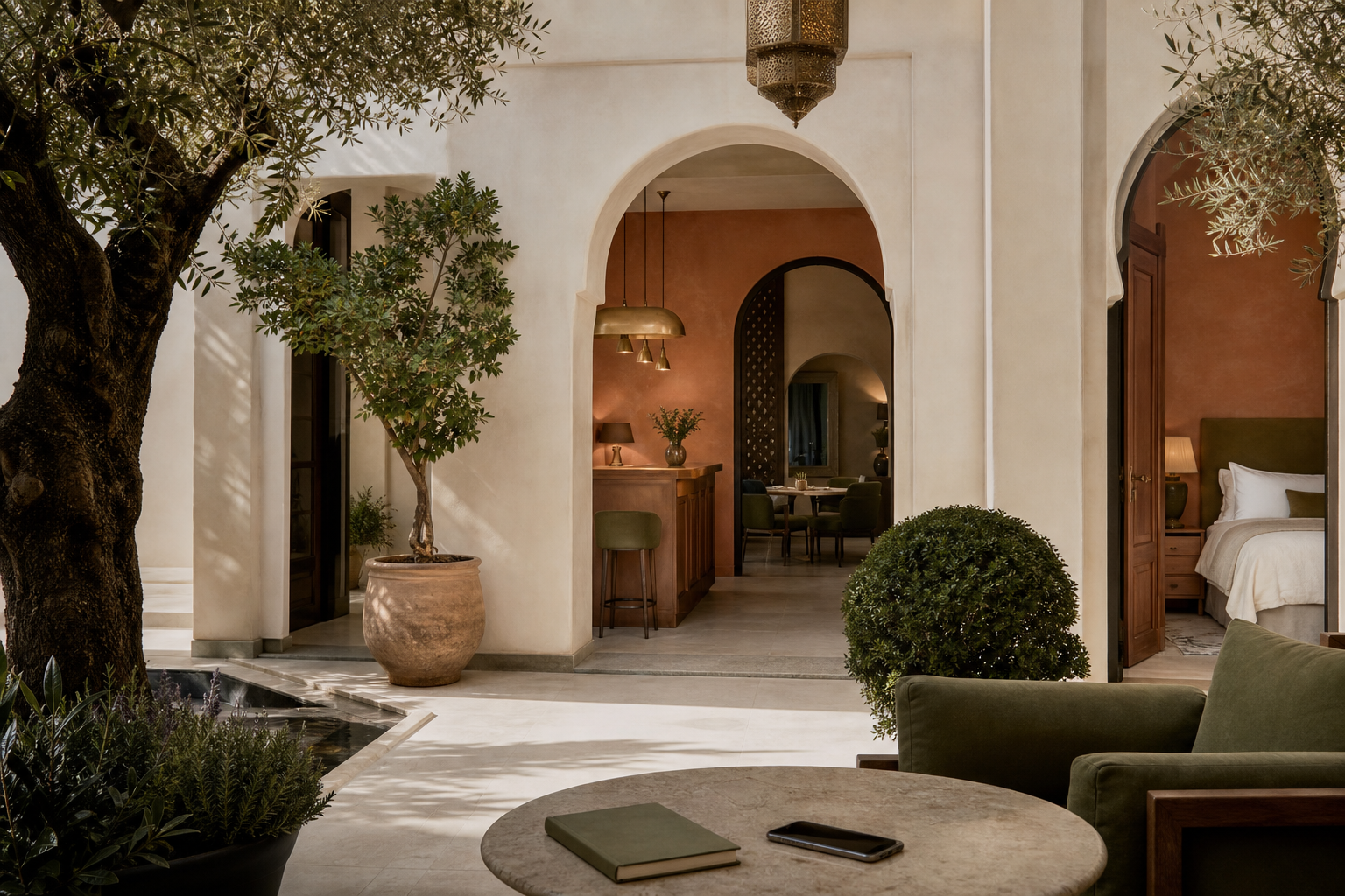 Sunlit boutique hotel courtyard with an archway opening to the reception, dining room and guest room
